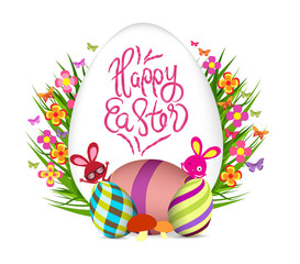 Easter egg and bunny poster. Springtime flowers