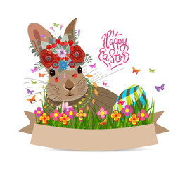 easter eggs and rabbit spring fresh grass background