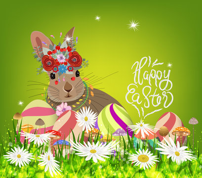 easter eggs and rabbit spring fresh grass background