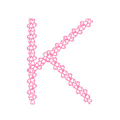 The letter K, in the alphabet Heart flower petals illustration set flat design pink color isolated on white background, vector eps10
