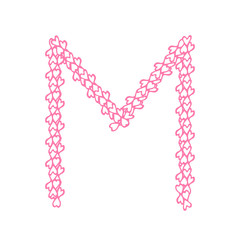 The letter M, in the alphabet Heart flower petals illustration set flat design pink color isolated on white background, vector eps10