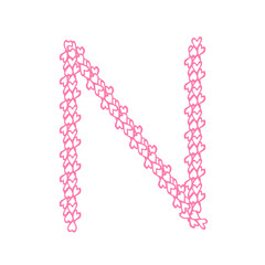 The letter N, in the alphabet Heart flower petals illustration set flat design pink color isolated on white background, vector eps10