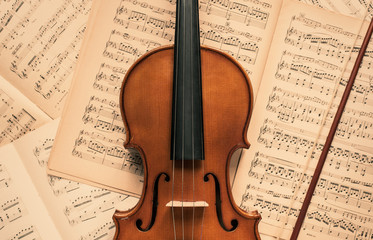 Plakat Violin lying on the old music notes