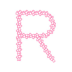 The letter R, in the alphabet Heart flower petals illustration set flat design pink color isolated on white background, vector eps10