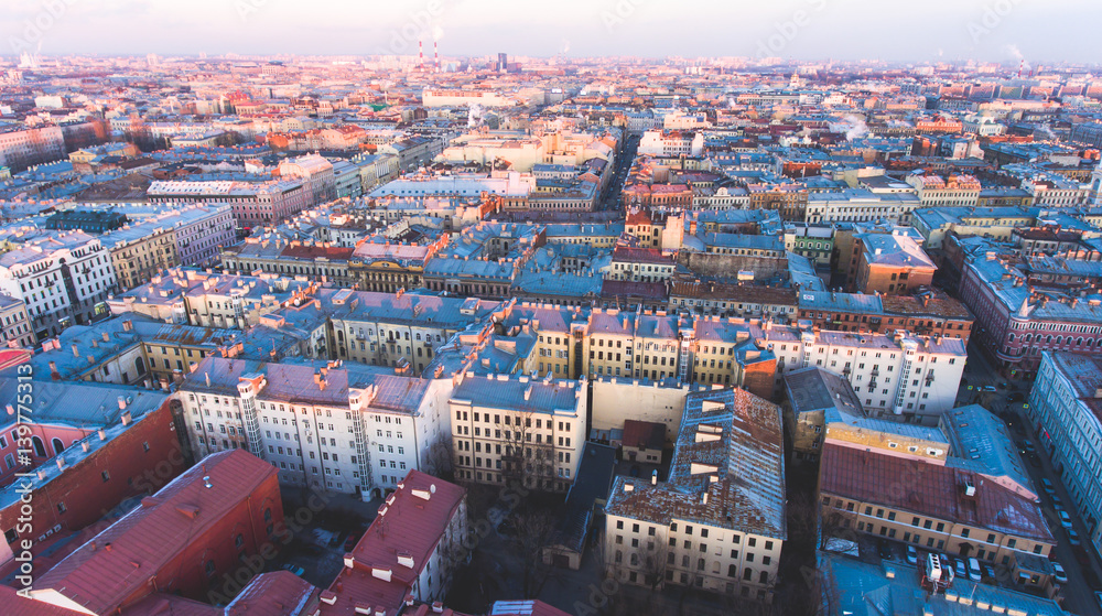 Wall mural Beautiful super wide-angle summer aerial view of Saint-Petersburg, Russia with skyline and scenery beyond the city and Nevsky Prospect, seen from the quadrocopter air drone