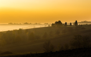 Golden hour in the Monferrato hills in autumn (Piedmont, Italy).  Peaceful sight