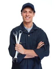 Car mechanic with wrench