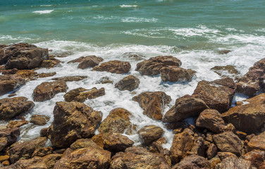 Close up view of seascape with hard rocks and still waves, Kailashgiri, Visakhapatnam, Andhra...