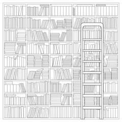 Bookshelf with Ladder. Outline Drawing of a Bookshelf with Ladder