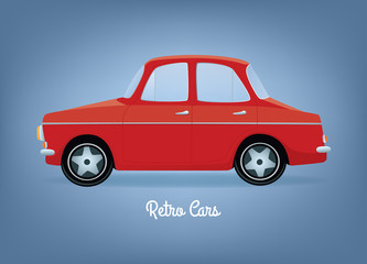 Vector illustration of a red cartoon retro car. Side view. Horizontal format. Gray background.