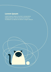 Vector retro styled illustration of a siamese cat with a tangled yarn. Vertical A4 design template. Place for text on a blue background.