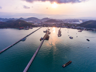 Aerial view of fisherman bay and tranquil sea in the morning