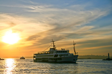 Obraz premium Silhouettes of turkish steamboat in Istanbul with seagulls at sunset