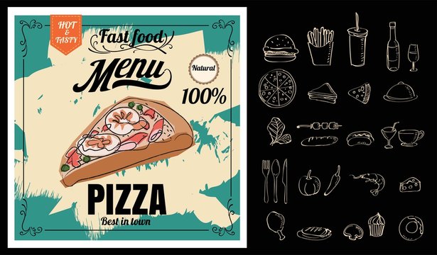 Restaurant Fast Foods menu pizza on chalkboard vector format eps10