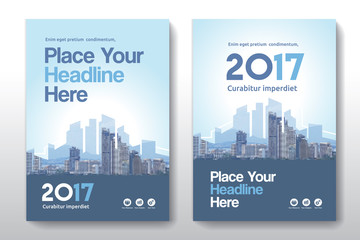 Blue Color Scheme with City Background Business Book Cover Design Template in A4. Can be adapt to Brochure, Annual Report, Magazine,Poster, Corporate Presentation, Portfolio, Flyer, Banner, Website