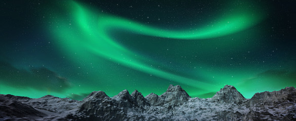 Aurora borealis above snowy islands - obrazy, fototapety, plakaty