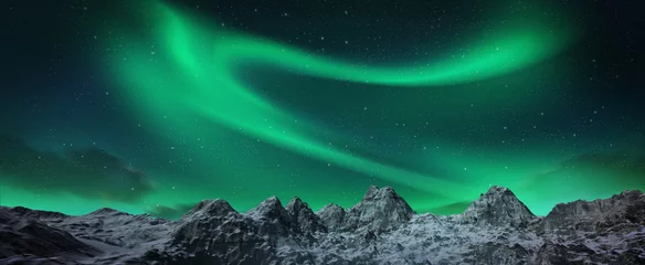 Türaufkleber Aurora borealis über schneebedeckten Inseln © Aomarch