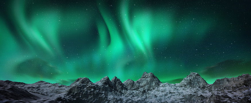 Aurora borealis above snowy islands © Aomarch