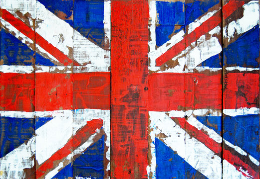 Great britain flag painted on old wood background