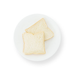 Closeup two slice bread on white dish for breakfast with shadow isolated on white background