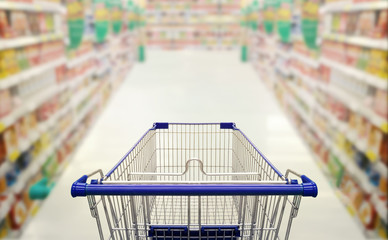Abstract blurred photo of  supermarket with empty shopping cart shopping concept.