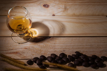 brandy on wood background.Drinks containing alcohol