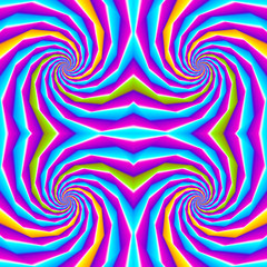 Blue background with colorful spirals. Spin illusion. Seamless pattern.