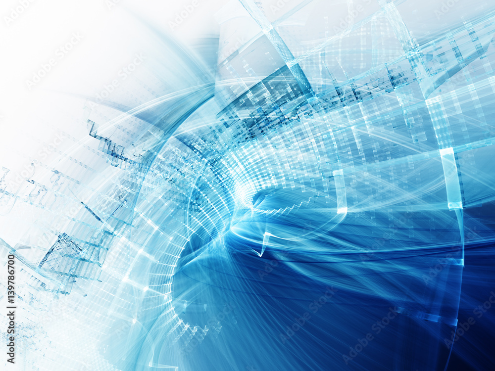 Fototapete abstract computer graphics background. composition of grids, curves and motion blur. blue and white 