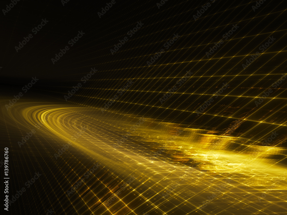 Poster abstract background element. three-dimensional composition of glowing grids and wave shapes. science
