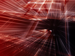 Abstract background element. Fractal graphics series. Three-dimensional composition of intersecting grids and motion blur. Information technology concept. Red and black colors. © Digital art