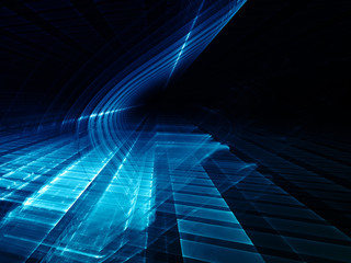 Abstract background element. Three-dimensional composition of glowing grids and wave shapes. Science and technology concept. Blue and black colors.