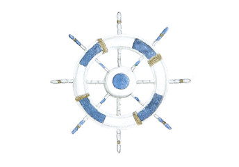 Steering wheel for ships and boats. Hand painted watercolor . Illustration isolated on white background © Khaneeros