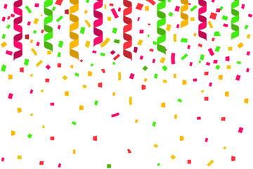 Obraz premium Celebration party background with place for text. Colorful ribbon confetti and streamers. Vector illustration flat design. Holiday decoration.