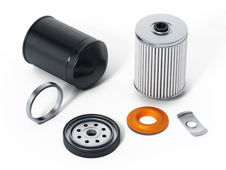 Spare new oil filter exploded perspective. 3D illustration