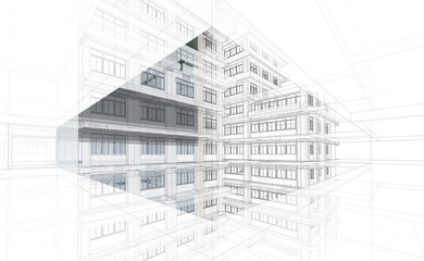 Abstract Architecture background. Perspective 3d Wireframe of building