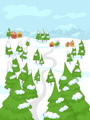 Landscape Pine Tree Snow Town