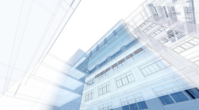 Abstract Architecture background. Perspective 3d Wireframe of building