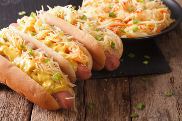 Delicious hot dog with sausage, sour cabbage and mustard close-up. Horizontal