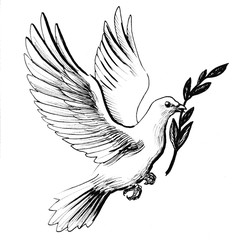 Flying white dove with olive branch as a symbol of peace. Retro styled black and white ink drawing
