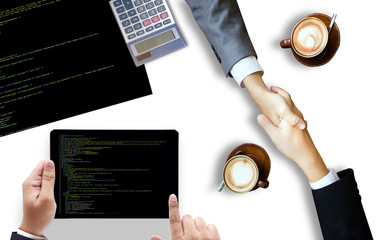 "Developer Team Working Laptop Computer Mobile Application Softwareand Web Design Online Technology Content , Web script , laptop display."