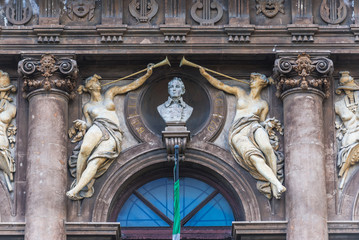 Details of facade of Teatro Massimo Bellini opera house in Catania city, Sicily Island, Italy