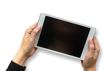business hand working on laptop computer on wooden desk Laptop with blank screen on table.