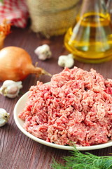 Raw minced beef in a bowl