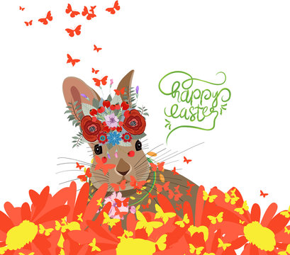 Happy easter with rabbit, sunflowers and butterflies background