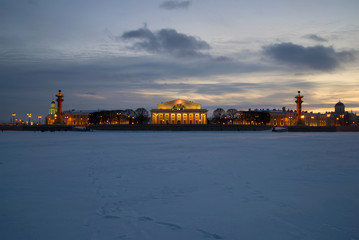 Architectural ensemble of the spit of Vasilyevsky island in the February twilight. Saint Petersburg