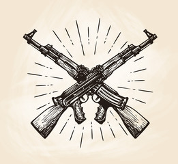 Hand-drawn crossed automatic machines of Kalashnikov, sketch. Weapon vector illustration