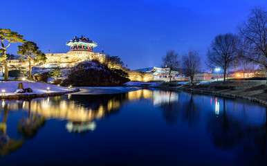 Reflection of Suwon Hwaseong fortres in Suwon.Korea