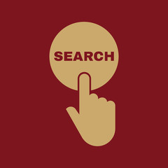 Hand pressing a button with the text SEARCH icon. Seek, look symbol. Flat design. Stock - Vector illustration