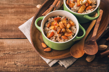 Oatmeal with apples and nuts, delicious breakfast