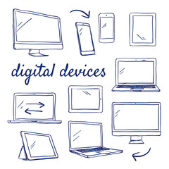 Doodle set of digital devices - computer, desktop, tablet, smart phone, touch, hand-drawn. Vector sketch illustration isolated over white background.  © Susann Schröter
